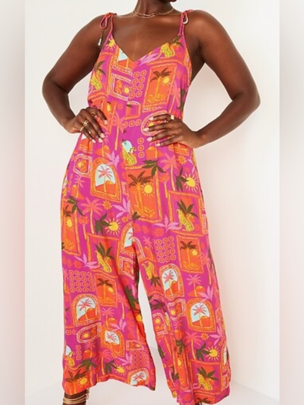 Old Navy Pink Print Tropical Tie-Shoulder Wide Leg Jumpsuit Size XL Petite